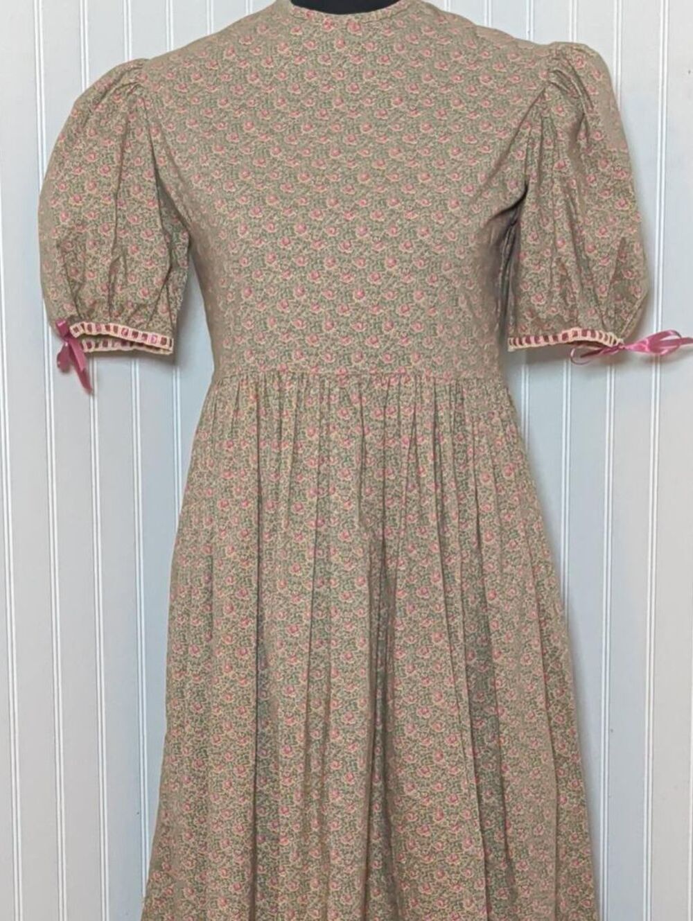 OOAK Handmade Prairie Style Floral Midi Dress Puff Sleeves Ribbon Detail Med.